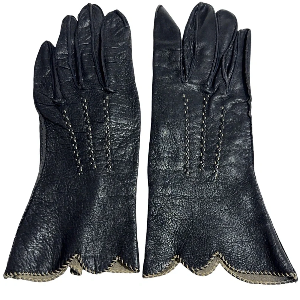 Womens Vintage Deerskin Gloves Scalloped Edge Size 6.5 Unlined